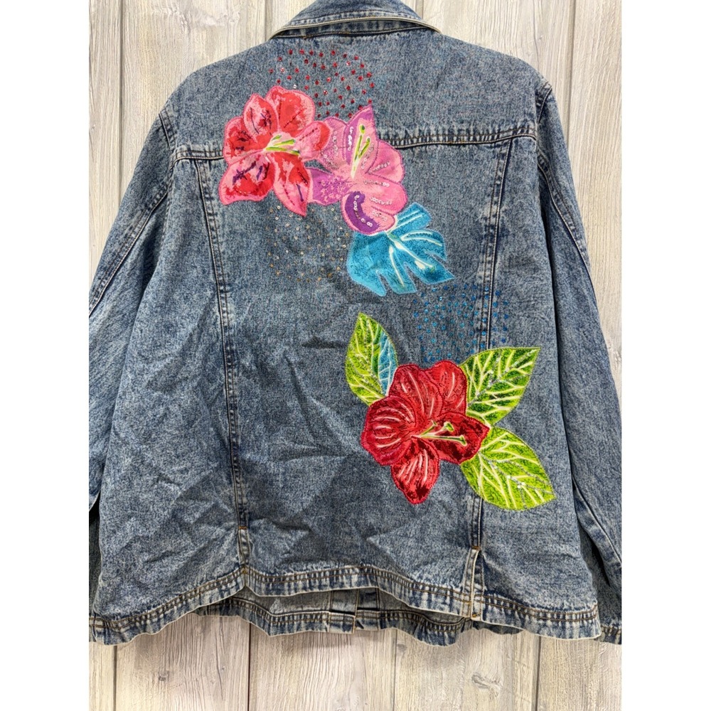 Mirasol Woman Acid Wash Denim Jacket Floral Embroidered Sequin LDMJ0006 Blue 2X - Picture 7 of 16